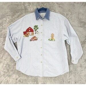 Vintage Cottagecore Embroidered Button Up Shirt Womens MEDIUM Farm Scene Striped